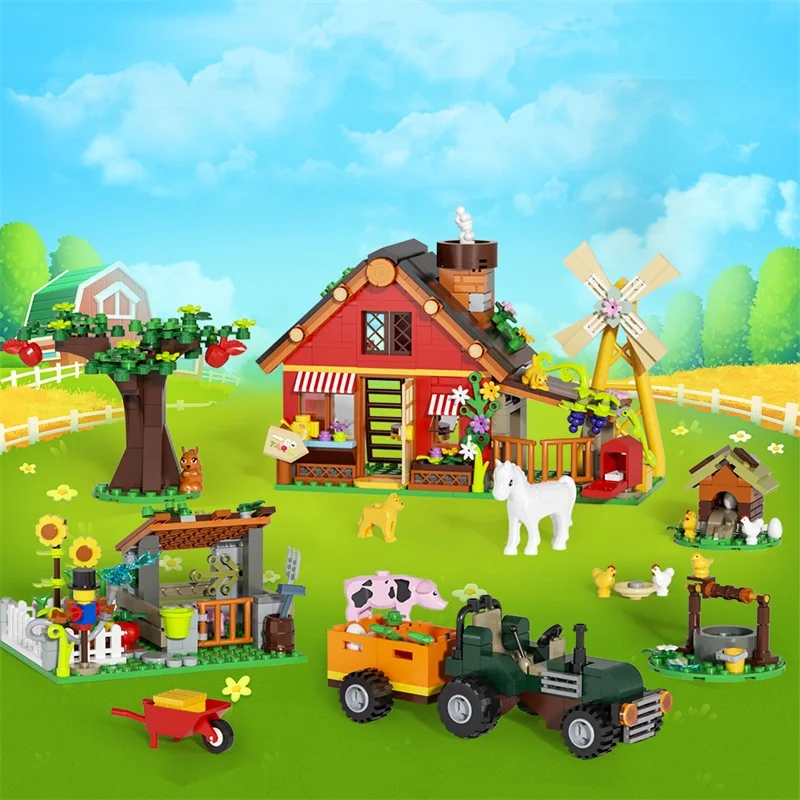 Farming Agriculture Model - Kreatives Windmühlen-Bauernhaus-Bausteinmodell mit landwirtschaftlichen Fahrzeugen, Tieren,